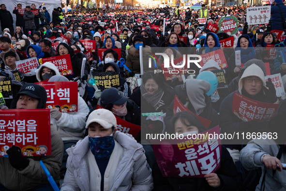 Approximately 2 million citizens gather in Yeouido, Seoul, South Korea, on December 14, 2024, calling for the impeachment of President Yoon...