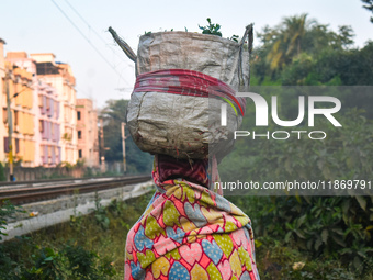 A person covers his face with a blanket while carrying a huge bag on his head on an early winter morning in Kolkata, India, on December 15,...