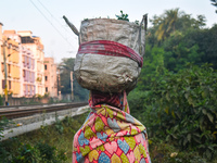 A person covers his face with a blanket while carrying a huge bag on his head on an early winter morning in Kolkata, India, on December 15,...