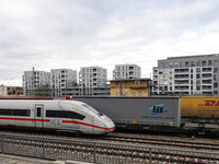 A Deutsche Bahn Intercity-Express (ICE) train passes through Munich Laim station in Bavaria, Germany, on December 14, 2024. The high-speed t...