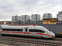 A Deutsche Bahn Intercity-Express (ICE) train passes through Munich Laim station in Bavaria, Germany, on December 14, 2024. The high-speed t...