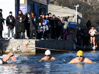 Winter swimming enthusiasts swim in the natural waters of Heilong Cave in Handan, China, on December 15, 2024. (