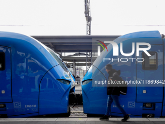 A passenger stands near an Arverio train at Augsburg Central Station in Bavaria, Germany, on December 14, 2024. (