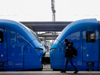 A passenger stands near an Arverio train at Augsburg Central Station in Bavaria, Germany, on December 14, 2024. (