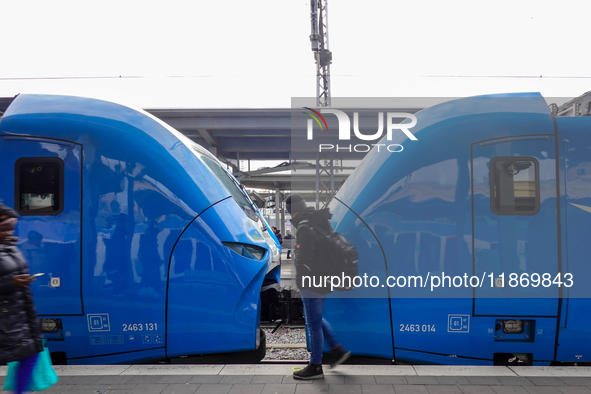 A passenger stands near an Arverio train at Augsburg Central Station in Bavaria, Germany, on December 14, 2024. 