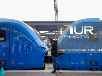 A passenger stands near an Arverio train at Augsburg Central Station in Bavaria, Germany, on December 14, 2024. (