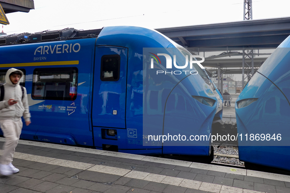 A passenger stands near an Arverio train at Augsburg Central Station in Bavaria, Germany, on December 14, 2024. 