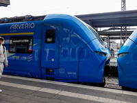 A passenger stands near an Arverio train at Augsburg Central Station in Bavaria, Germany, on December 14, 2024. (