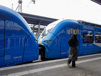 A passenger stands near an Arverio train at Augsburg Central Station in Bavaria, Germany, on December 14, 2024. (