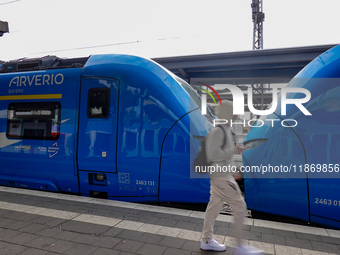 A passenger stands near an Arverio train at Augsburg Central Station in Bavaria, Germany, on December 14, 2024. (