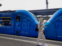 A passenger stands near an Arverio train at Augsburg Central Station in Bavaria, Germany, on December 14, 2024. (