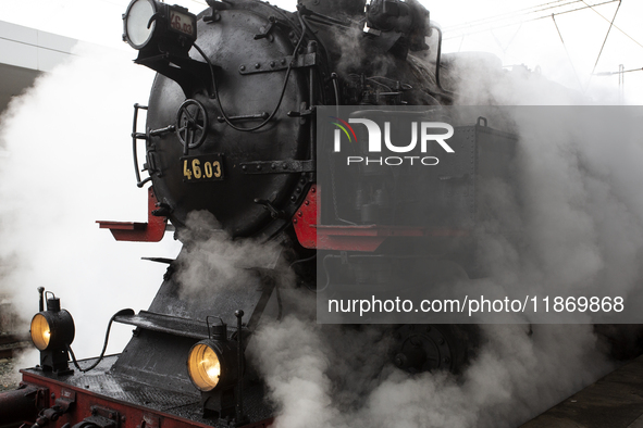 A steam locomotive, manufactured in Poland in 1931, is part of the Christmas attraction train of the Bulgarian State Railways at Central Rai...