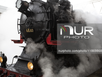 A steam locomotive, manufactured in Poland in 1931, is part of the Christmas attraction train of the Bulgarian State Railways at Central Rai...