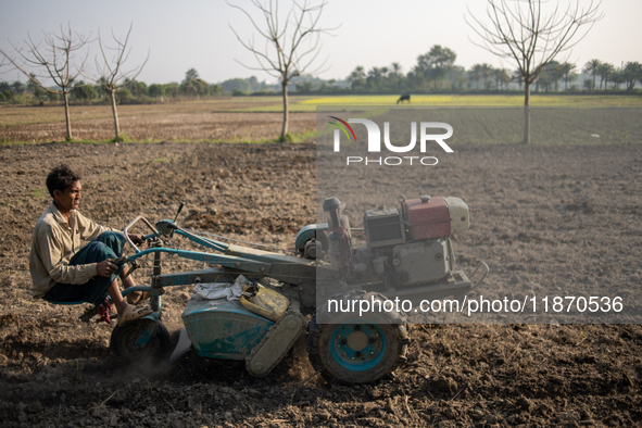 A farmer works in a field preparing to plant rice in Magura, Bangladesh, on December 15, 2024. The seasonal rice planting plays a crucial ro...