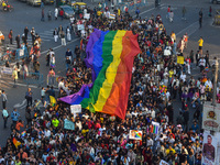 A giant pride flag is seen during the annual Pride walk in Kolkata, India, on December 15, 2024. (