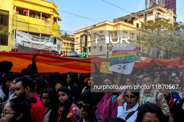 A giant pride flag is seen during the annual Pride walk in Kolkata, India, on December 15, 2024. 