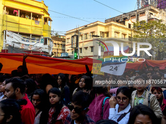 A giant pride flag is seen during the annual Pride walk in Kolkata, India, on December 15, 2024. (