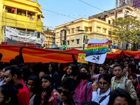 A giant pride flag is seen during the annual Pride walk in Kolkata, India, on December 15, 2024. (