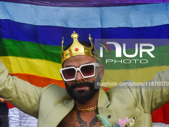 Participants from the LGBTQ+ community are seen dressed in various attire during the annual pride walk in Kolkata, India, on December 15, 20...