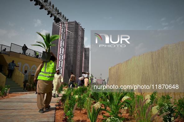 A migrant worker carries a potted Fiji Fan Palm at a construction site near Riyadh, Saudi Arabia on 03 March, 2024. 