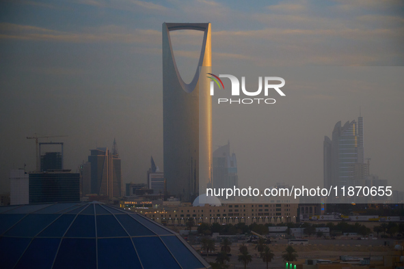 The Kingdom Tower is seen at sunset in Riyadh, Saudi Arabia on 02 March, 2024. 