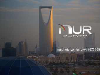 The Kingdom Tower is seen at sunset in Riyadh, Saudi Arabia on 02 March, 2024. (