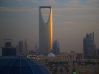 The Kingdom Tower is seen at sunset in Riyadh, Saudi Arabia on 02 March, 2024. (