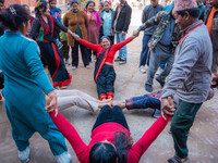 Local residents play a traditional Newari game in Bhaktapur, Nepal, on Sunday. (