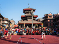 Masked dancers perform a traditional Newari dance during the Bhaktapur Mahotsav (Bhaktapur Street Festival) in Bhaktapur, Nepal, on Sunday....