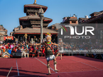 Masked dancers perform a traditional Newari dance during the Bhaktapur Mahotsav (Bhaktapur Street Festival) in Bhaktapur, Nepal, on Sunday....