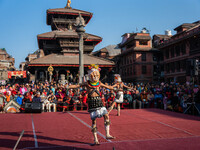 Masked dancers perform a traditional Newari dance during the Bhaktapur Mahotsav (Bhaktapur Street Festival) in Bhaktapur, Nepal, on Sunday....