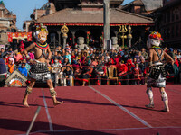 Masked dancers perform a traditional Newari dance during the Bhaktapur Mahotsav (Bhaktapur Street Festival) in Bhaktapur, Nepal, on Sunday....