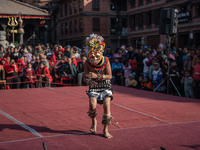 Masked dancers perform a traditional Newari dance during the Bhaktapur Mahotsav (Bhaktapur Street Festival) in Bhaktapur, Nepal, on Sunday....