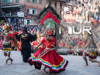 Masked dancers perform a traditional Newari dance during the Bhaktapur Mahotsav (Bhaktapur Street Festival) in Bhaktapur, Nepal, on Sunday....