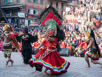 Masked dancers perform a traditional Newari dance during the Bhaktapur Mahotsav (Bhaktapur Street Festival) in Bhaktapur, Nepal, on Sunday....