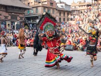 Masked dancers perform a traditional Newari dance during the Bhaktapur Mahotsav (Bhaktapur Street Festival) in Bhaktapur, Nepal, on Sunday....