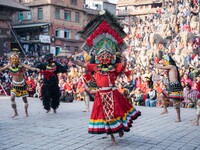 Masked dancers perform a traditional Newari dance during the Bhaktapur Mahotsav (Bhaktapur Street Festival) in Bhaktapur, Nepal, on Sunday....