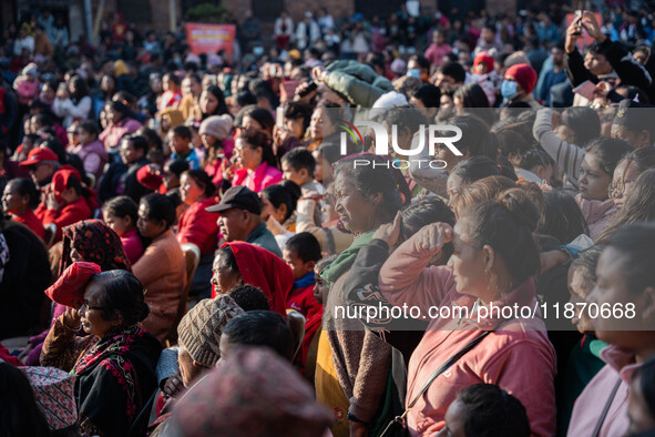 The crowd watches various performances during the Bhaktapur Mahotsav (Bhaktapur Street Festival) in Bhaktapur, Nepal, on Sunday. 