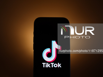 TikTok logo displayed on a phone screen is seen in this illustration photo taken in Poland on December 15, 2024. (