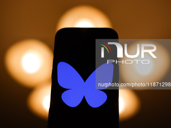 Bluesky logo displayed on a phone screen is seen in this illustration photo taken in Poland on December 15, 2024. (