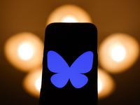 Bluesky logo displayed on a phone screen is seen in this illustration photo taken in Poland on December 15, 2024. (