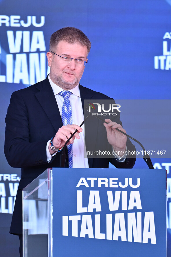 Carlo Fidanza, Head of the FdI Delegation to the European Parliament, participates in the Atreju event, the Brothers of Italy party, at the...