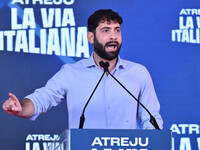 Fabio Roscani, Fratelli d'Italia Deputy and National Youth President, participates in the Atreju event, the Brothers of Italy party, at the...