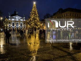 The main Christmas tree is in Lviv, Ukraine, on December 15, 2024. (