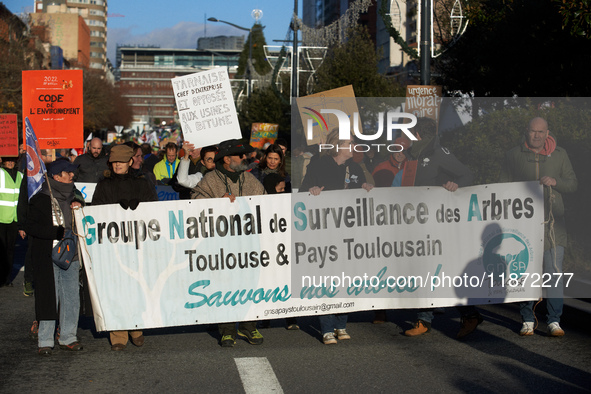 The banner of the GNSA is displayed during the protest. Between 100 and 1500 people gather in Toulouse, France, on December 15, 2024, agains...