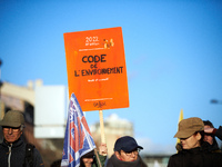 A protester holds a placard resembling the Code of the Environment. Between 100 and 1500 people gather in Toulouse, France, on December 15,...