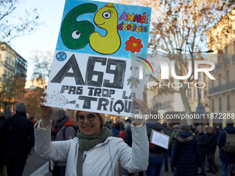 A protester holds a cardboard sign against the A69. Between 100 and 1500 people gather in Toulouse, France, on December 15, 2024, against a...