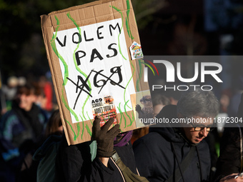 A placard reads 'We don't want the A69'. Between 100 and 1500 people gather in Toulouse, France, on December 15, 2024, against a non-adminis...