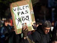 A placard reads 'We don't want the A69'. Between 100 and 1500 people gather in Toulouse, France, on December 15, 2024, against a non-adminis...