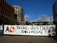 The banner reads 'A69: justice must be done by ourselves?' Between 1,000 and 1,500 people gather in Toulouse, France, on December 15, 2024,...